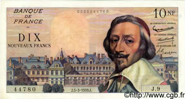 10 Nouveaux Francs RICHELIEU FRANCE  1959 F.57.01 AU-