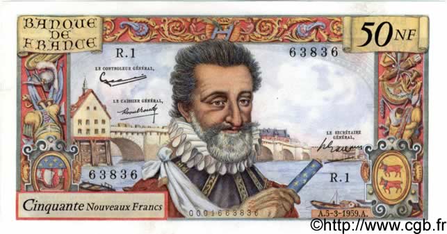 50 Nouveaux Francs HENRI IV FRANCE  1959 F.58.01 XF