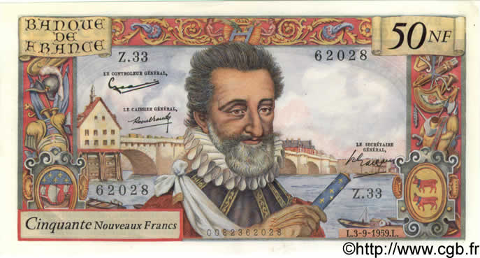 50 Nouveaux Francs HENRI IV FRANCE  1959 F.58.03 UNC-