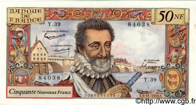 50 Nouveaux Francs HENRI IV FRANCIA  1959 F.58.04 AU+