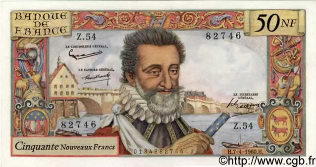 50 Nouveaux Francs HENRI IV FRANCE  1960 F.58.05 UNC