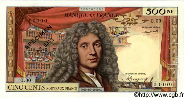 500 Nouveaux Francs MOLIÈRE FRANCE  1959 F.60.01Spn UNC
