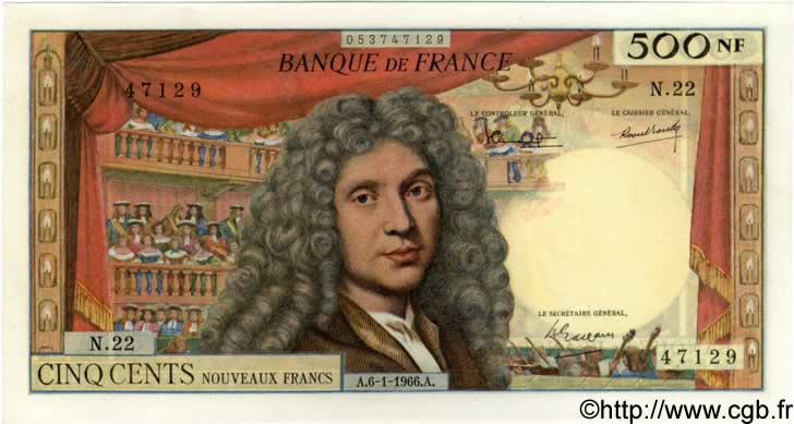 500 Nouveaux Francs MOLIÈRE FRANCIA  1966 F.60.09 SC+