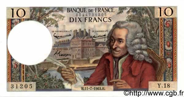 10 Francs VOLTAIRE FRANKREICH  1963 F.62.03 fST+