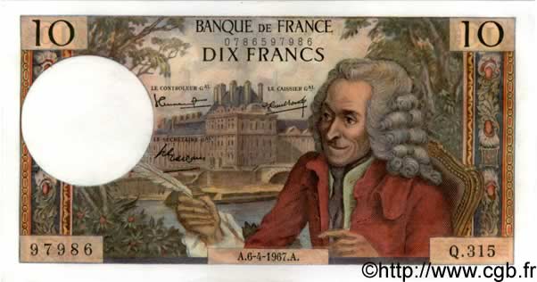 10 Francs VOLTAIRE FRANCE  1967 F.62.26 AU+