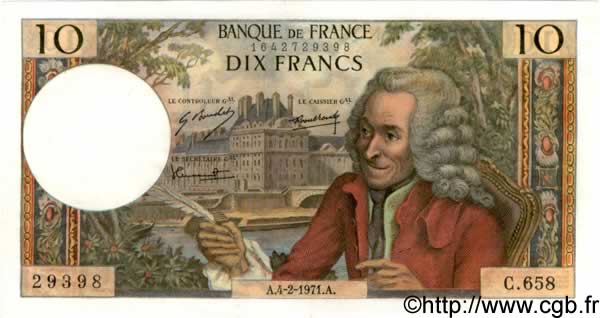10 Francs VOLTAIRE FRANCE  1971 F.62.49 AU