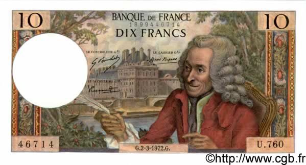 10 Francs VOLTAIRE FRANCE  1972 F.62.55 AU+