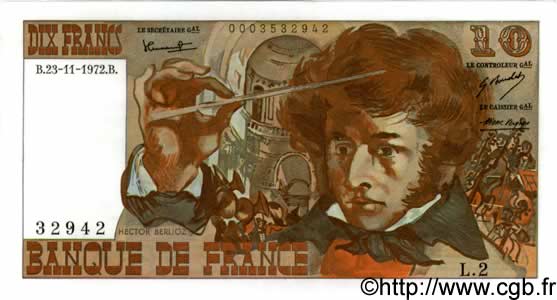 10 Francs BERLIOZ FRANCE  1972 F.63.01 AU+
