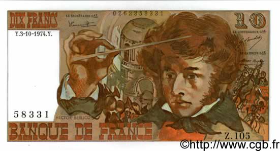 10 Francs BERLIOZ FRANKREICH  1974 F.63.07a fST+