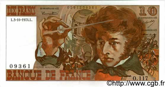 10 Francs BERLIOZ FRANCE  1974 F.63.07b XF+