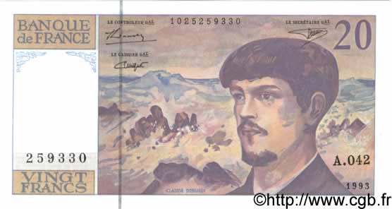 20 Francs DEBUSSY à fil de sécurité FRANCIA  1993 F.66bis.05A42 FDC