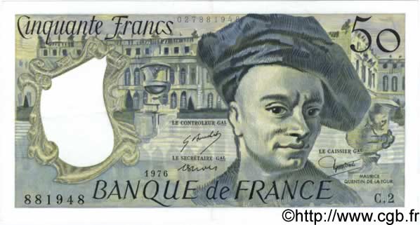 50 Francs QUENTIN DE LA TOUR FRANCIA  1976 F.67.01 SPL+ a AU