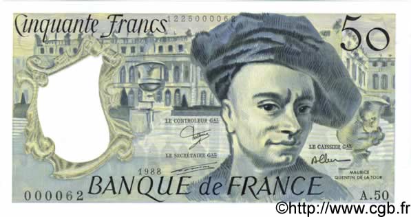 50 Francs QUENTIN DE LA TOUR FRANCIA  1988 F.67.14A50 SC+