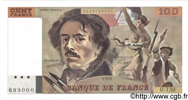100 Francs DELACROIX modifié FRANCE  1988 F.69.12 UNC