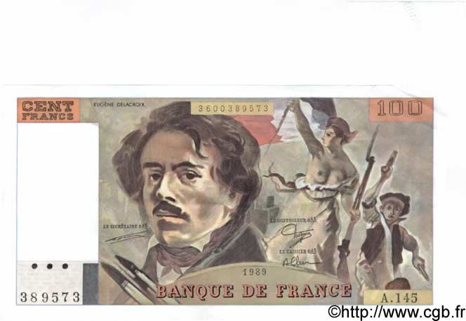 100 Francs DELACROIX modifié FRANCE  1989 F.69.13c AU