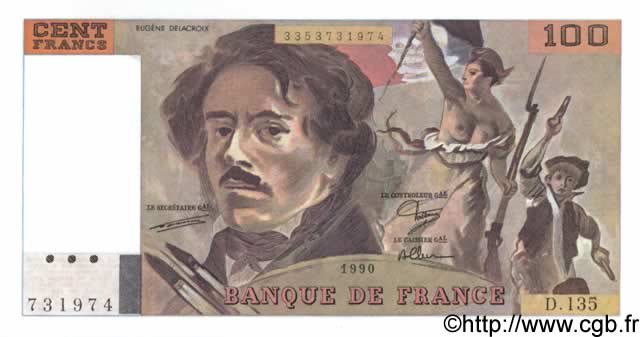 100 Francs DELACROIX Imprimé en continu FRANKREICH  1990 F.69bis.01a ST