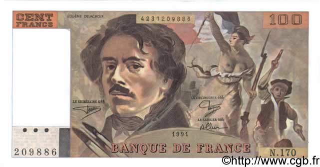 100 Francs DELACROIX imprimé en continu FRANCIA  1991 F.69bis.03a1 FDC