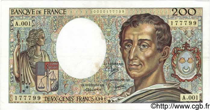200 Francs MONTESQUIEU FRANCIA  1981 F.70.01 MBC+ a EBC