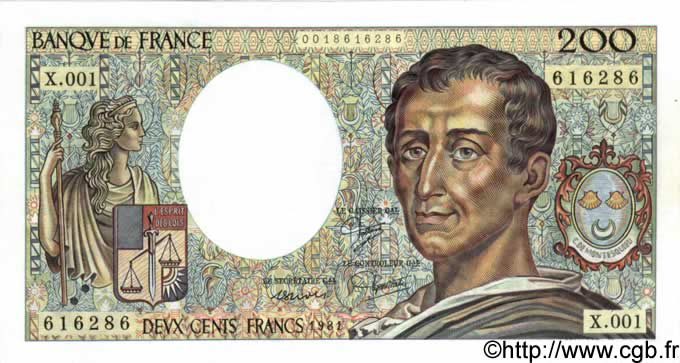 200 Francs MONTESQUIEU FRANKREICH  1981 F.70.01 fST+