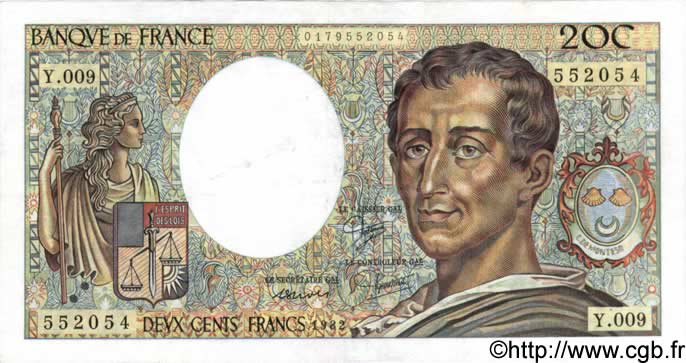 200 Francs MONTESQUIEU FRANKREICH  1982 F.70.02 VZ