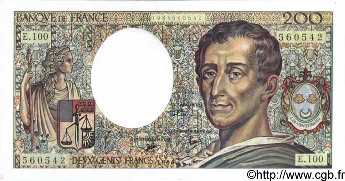 200 Francs MONTESQUIEU FRANCE  1991 F.70.10b UNC-