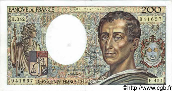 200 Francs MONTESQUIEU alphabet H.402 FRANCIA  1986 F.70ter.01 q.SPL a SPL