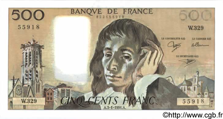 500 Francs PASCAL FRANCIA  1991 F.71.46 SC+