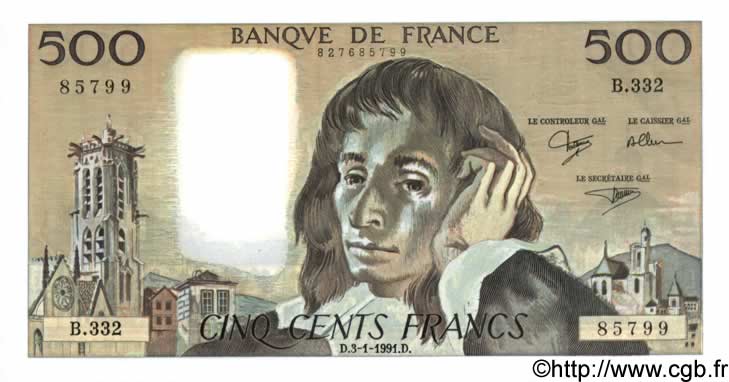 500 Francs PASCAL FRANCIA  1991 F.71.46 SC+
