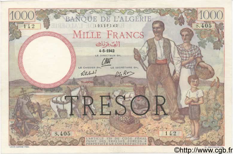 1000 Francs ALGÉRIE SURCHARGÉ FRANKREICH  1943 VF.10.01 VZ+