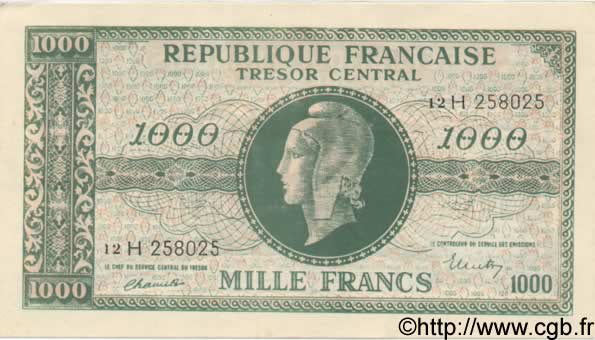 1000 Francs MARIANNE chiffres maigres FRANKREICH  1945 VF.13.03 fST+