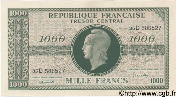 1000 Francs MARIANNE chiffres maigres FRANCE  1945 VF.13.01 UNC-