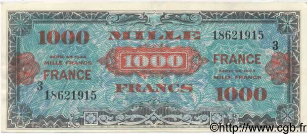 1000 Francs FRANCE FRANCE  1944 VF.27.03 XF