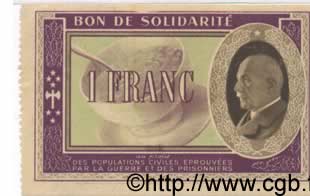 1 Franc BON DE SOLIDARITÉ FRANCE regionalism and miscellaneous  1941 KL.02D UNC