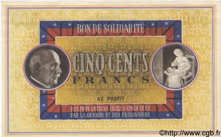 500 Francs BON DE SOLIDARITÉ FRANCE Regionalismus und verschiedenen  1941 KL.11B VZ+