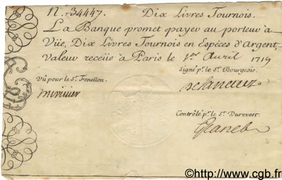 10 Livres Tournois gravé FRANKREICH  1719 Laf.073 fVZ