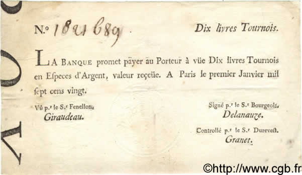 10 Livres Tournois typographié FRANCE  1720 Laf.089 TTB+
