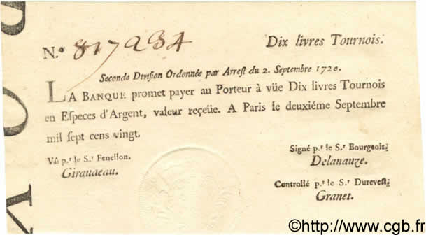 10 Livres Tournois typographié FRANKREICH  1720 Laf.095 fST