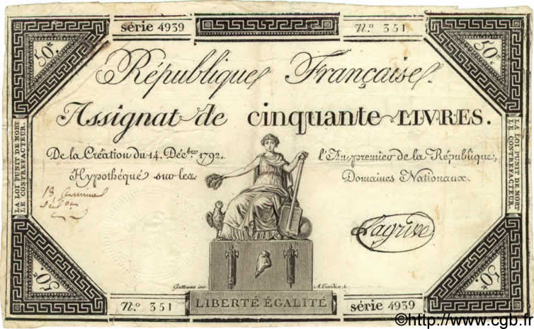 50 Livres FRANKREICH  1792 Laf.164a fSS