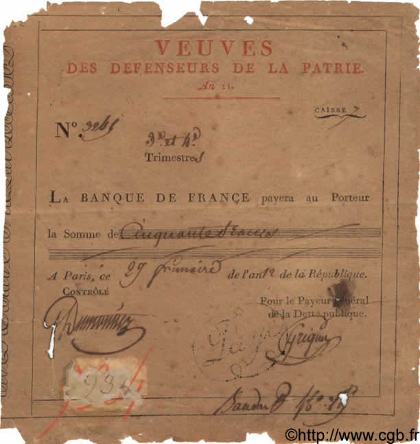 50 Francs FRANCE Regionalismus und verschiedenen  1803 - SGE