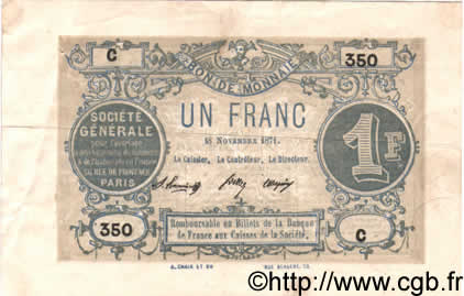 1 Franc FRANCE regionalism and miscellaneous  1871 BPM.012a VF+