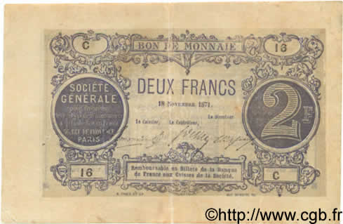 2 Francs FRANCE regionalismo y varios  1871 BPM.012b MBC