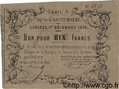 10 Francs FRANCE regionalism and miscellaneous Langres 1870 BPM.049.10 VF