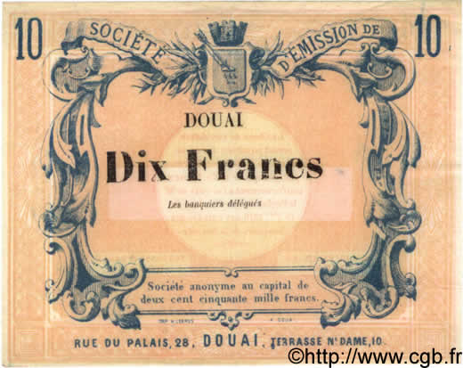 10 Francs FRANCE regionalism and miscellaneous Douai 1870 BPM.063.22c XF