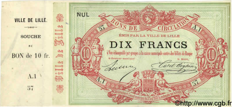 10 Francs FRANCE regionalism and miscellaneous Lille 1870 BPM.069.38 VF