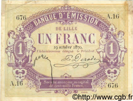 1 Franc FRANCE regionalism and miscellaneous Lille 1870 BPM.070.39 VF