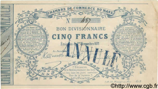 5 Francs FRANCE regionalism and miscellaneous  1871 BPM.099.2 VF