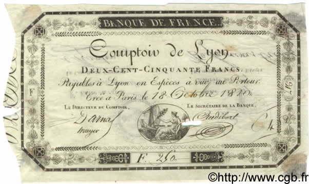 250 Francs Comptoir de Lyon FRANCE  1810 F.A07var. VF