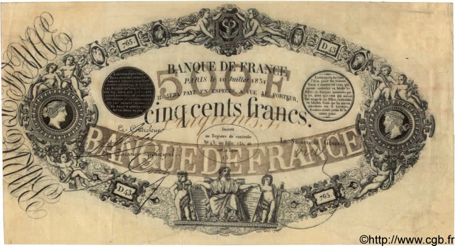 500 Francs 1842 FRANCE  1851 F.A17.08 XF