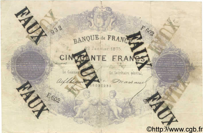 50 Francs INDICES NOIRS FRANCE  1875 F.A38.09 VF