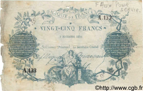 25 Francs type 1870 Clermont-Ferrand FRANCE  1870 F.A44.01 F+